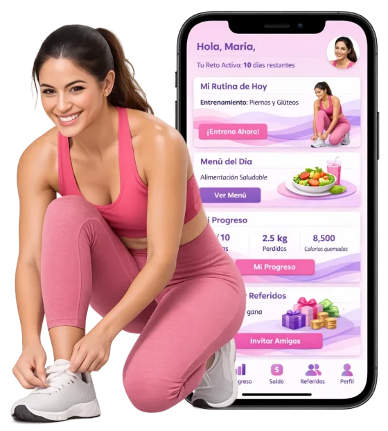 Socia entrenando y mostrando la app de Woman Fit Gym